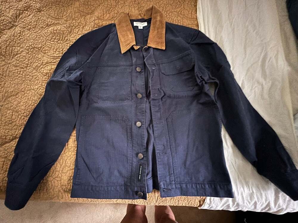 Free Assembly Men's Blue Workwear Chore Jacket with Brown Corduroy Collar, NWOT